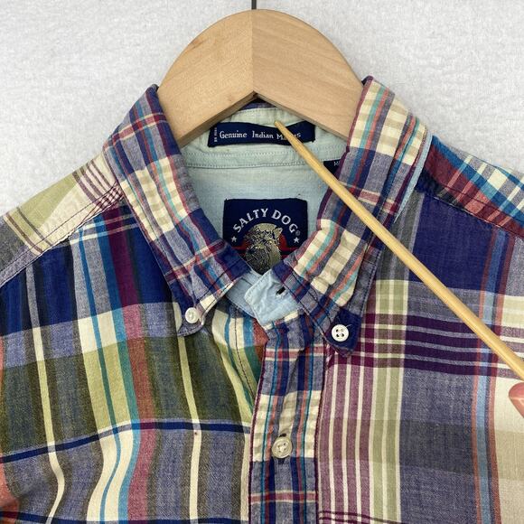 GANT Shirt Men L SALTY DOG Indian Madras Plaid Half Sleeve Button Up Cotton Blue - Picture 10 of 11